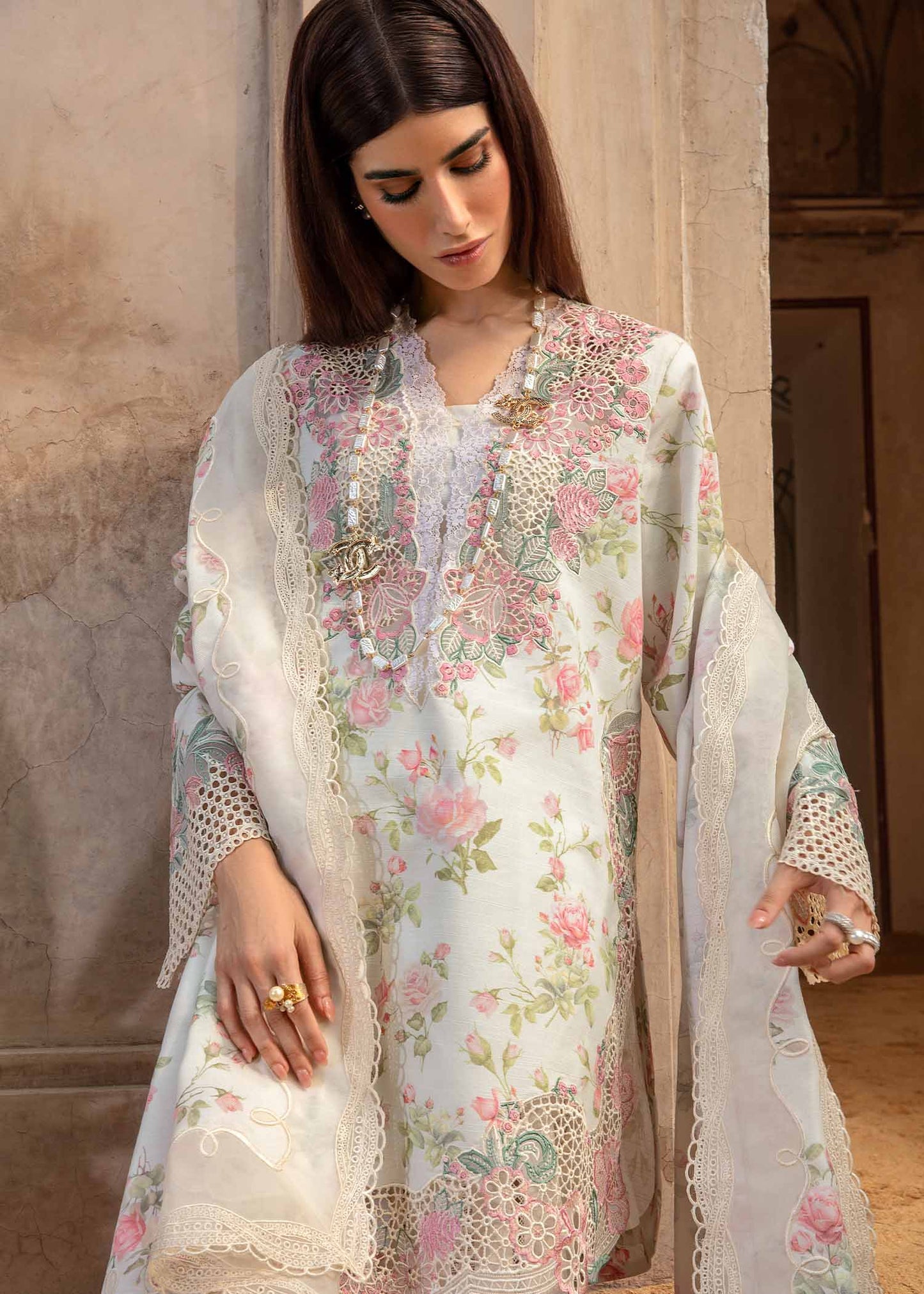 Floral Printed Lawn Suit with Chiffon Dupatta