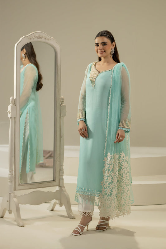 Cyan Pure Organza Suit with Pearl Work