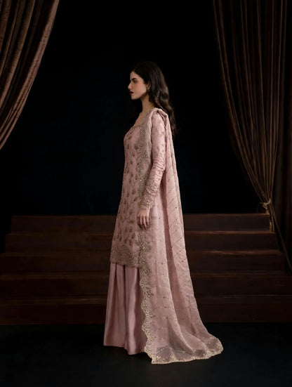 Peach Pink Pure Crinkle Chiffon Suit with Cutdana Work