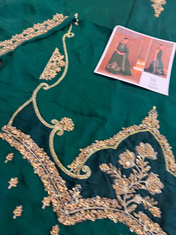 Emerald Green Hand Embellished Elegant Raw Silk Couture