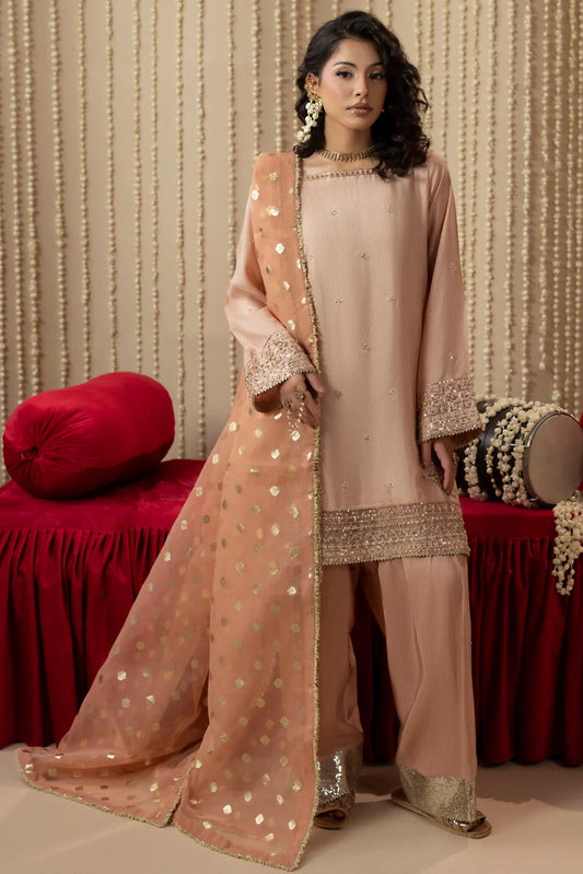 Peach Orange Embellished Raw Silk Farshi Shalwar Suit