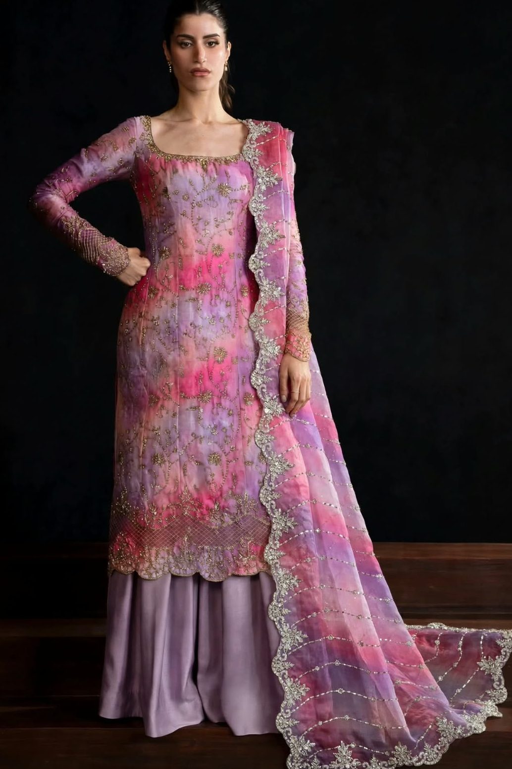 Pink Sheesha Silk Suit with Heavy Cutdana Work