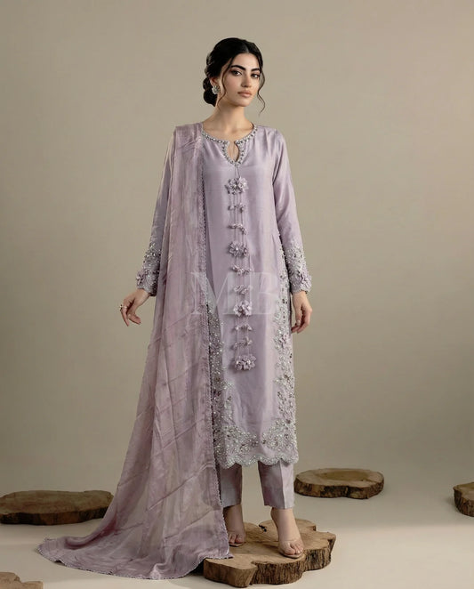 Lilac Embellished Raw Silk Suit