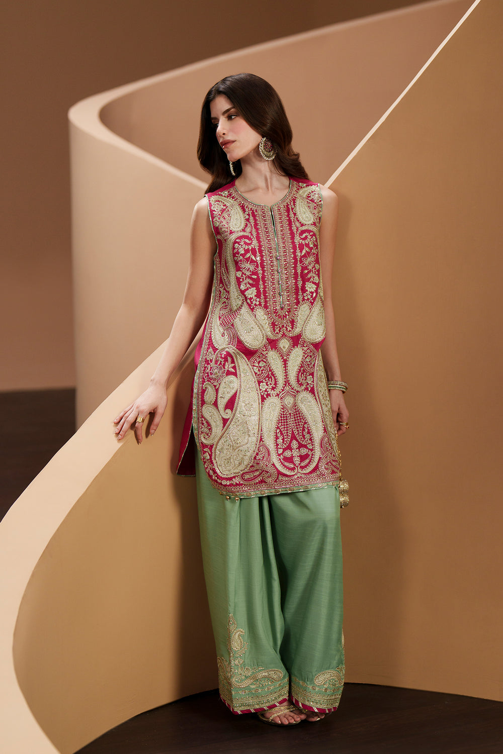 Shocking Pink Embroidered Raw Silk Suit with Full Sleeves & Dupatta