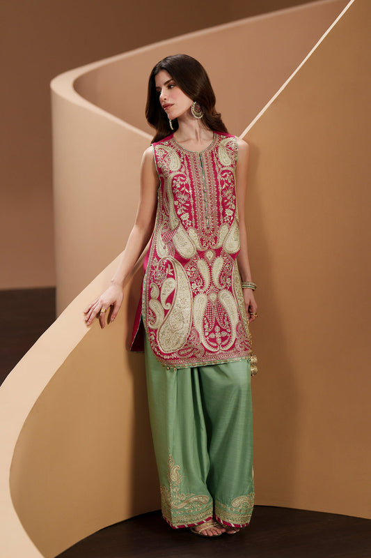 Shocking Pink Embroidered Raw Silk Suit with Full Sleeves & Dupatta