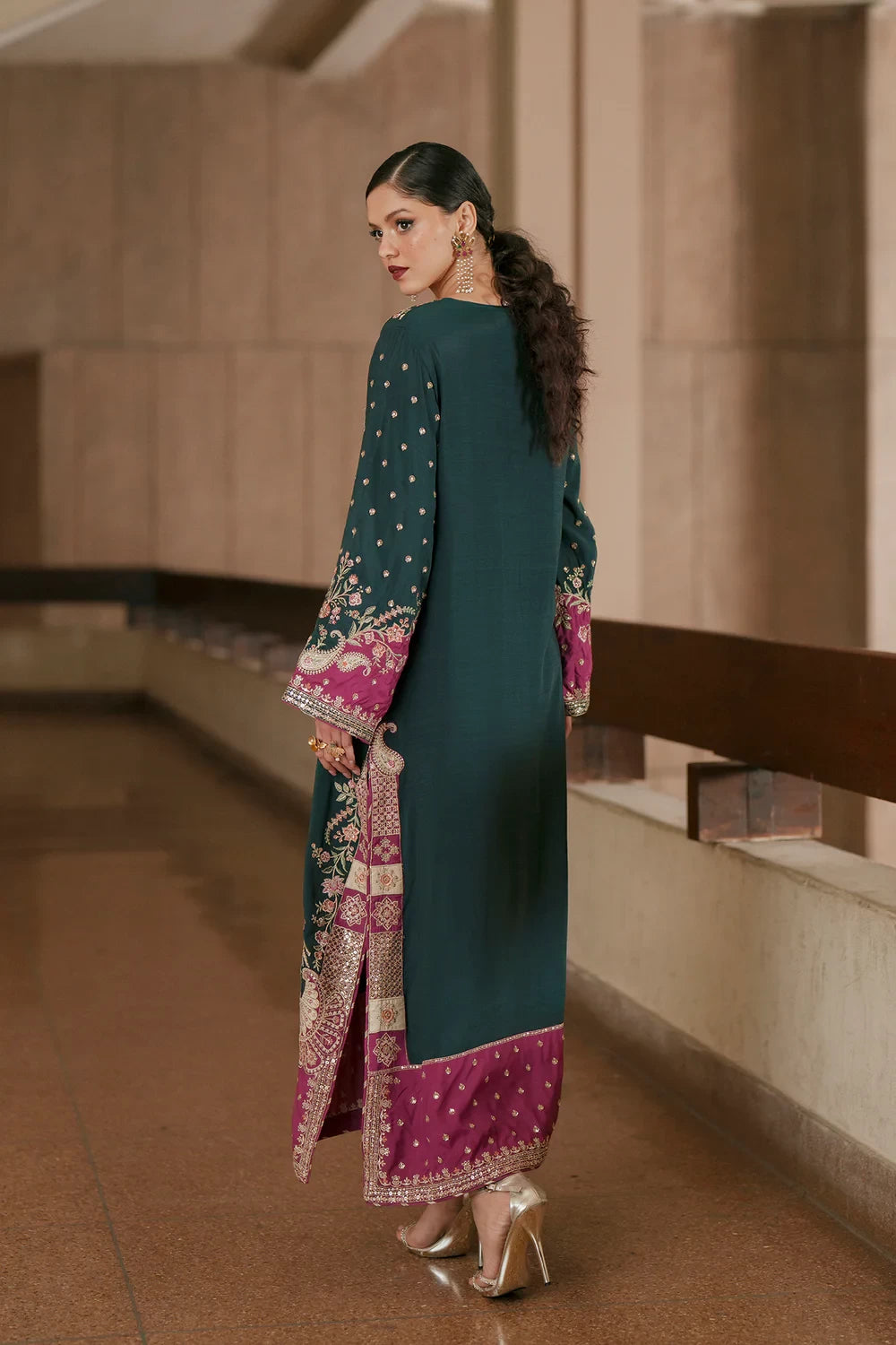 Sea Green Silk Sequins Embroidered Kaftan with Dupatta
