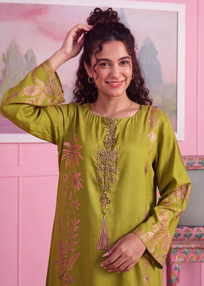 Embellished Apple Green Linen Kaftan Online in Dubai DXB UAE Abudhabi Meena Bazaar
