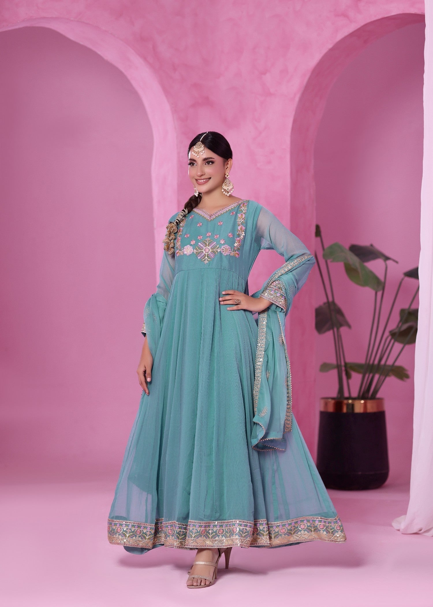 Embellished Aqua Chiffon Pishwas Salwar Kameez Online in Sri Lanka India Australia