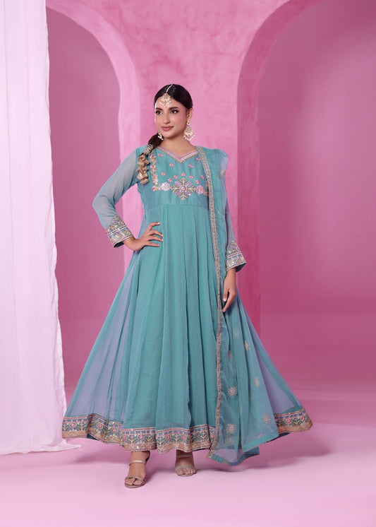 Embellished Aqua Chiffon Salwar Kameez Online in KSA Riyadh Saudi Arabia Oman Bahrain Qatar