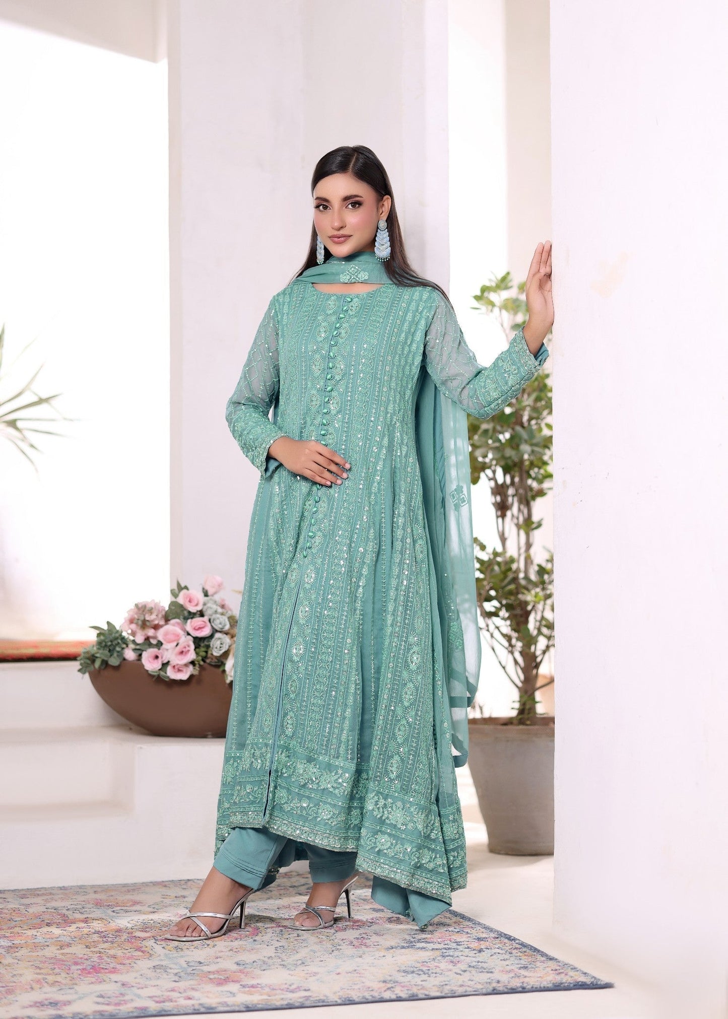 Embellished Aquamarine Chiffon Partywear Pishwas Suit Online in Dubai UAE Abudhabi Ajman Sharjah