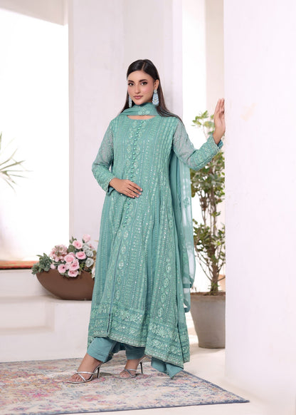 Embellished Aquamarine Chiffon Partywear Pishwas Suit Online in Dubai UAE Abudhabi Ajman Sharjah
