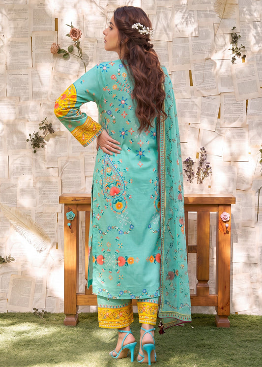 Embellished Aquamarine Lawn Ladies Suit Online in KSA Riyadh Saudi Arabia Oman Bahrain Qatar