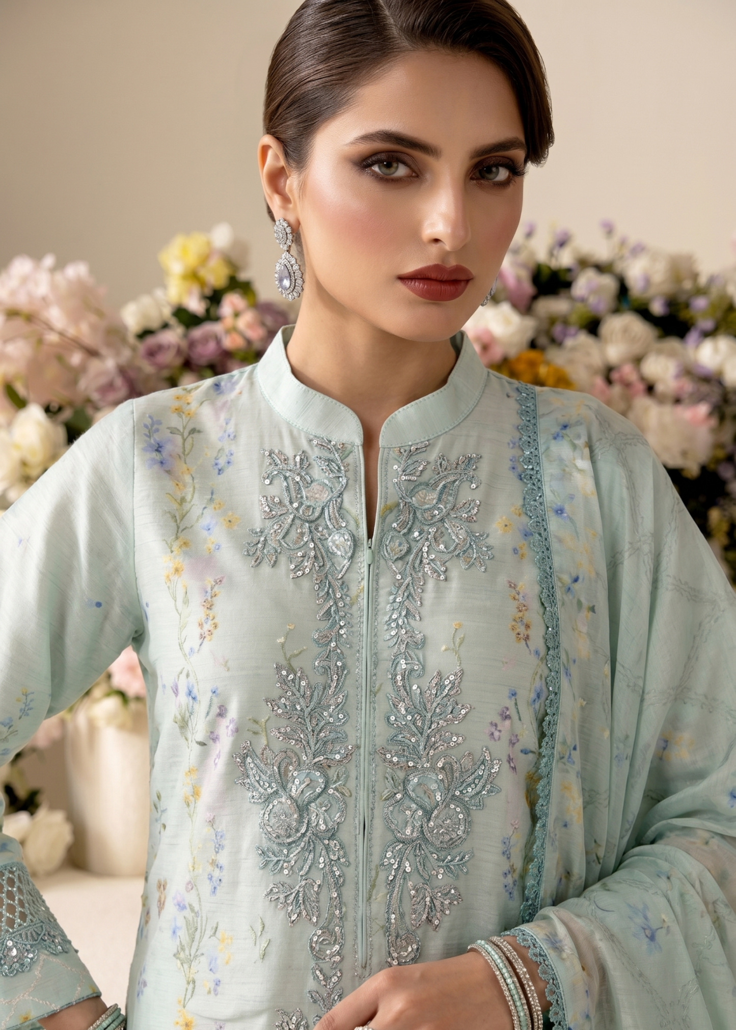 Embellished Aquamarine Raw Silk 3 Piece Suit Online in Dubai DXB UAE Abudhabi Meena Bazaar
