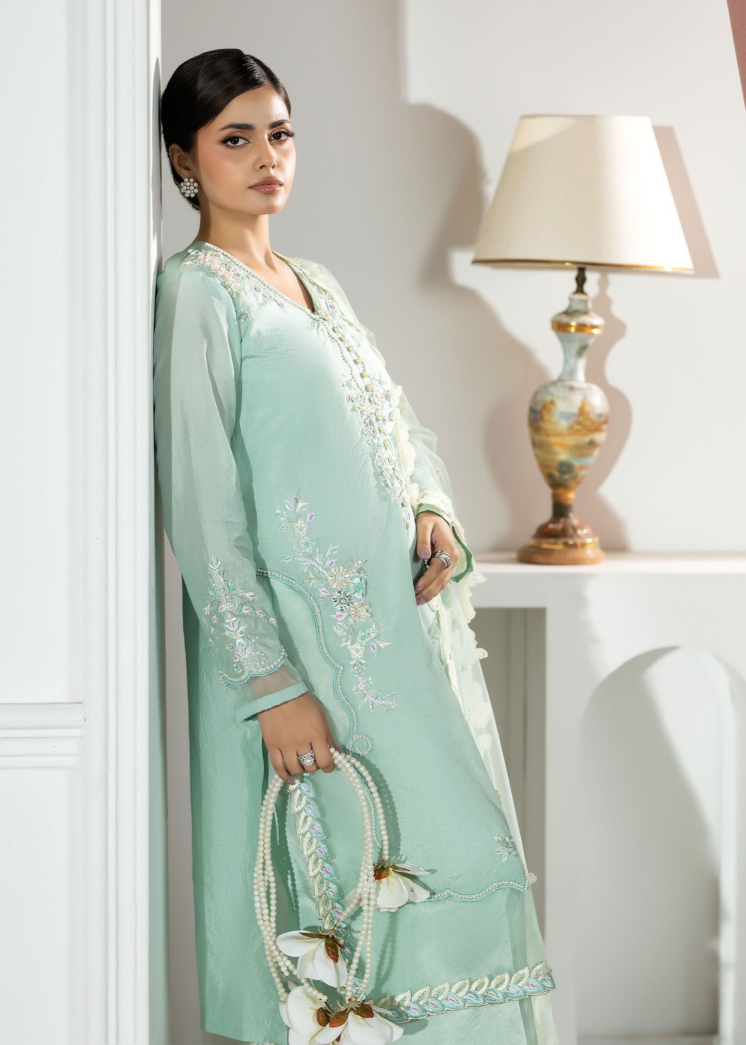 Embellished Aquamarine Silk Pakistani Suit Online in Dubai DXB UAE Abudhabi Meena Bazaar