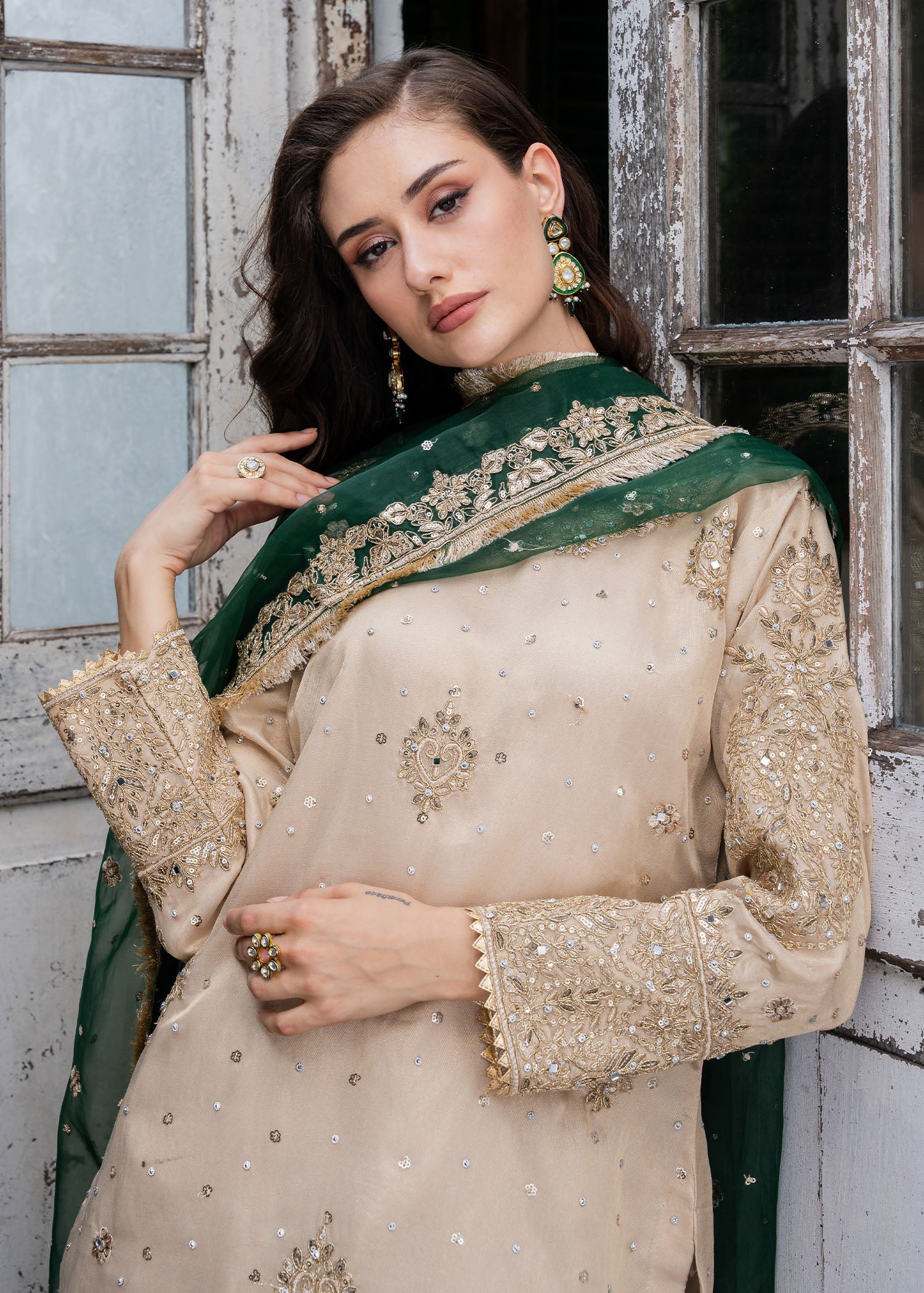 Embellished Beige Charmuse Wedding Guest Outfit Online in Dubai UAE Abudhabi Ajman Sharjah