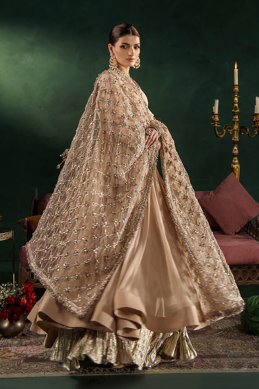 Embellished Beige Chiffon Anarkali Peshwas Online in Dubai DXB UAE Abudhabi Meena Bazaar