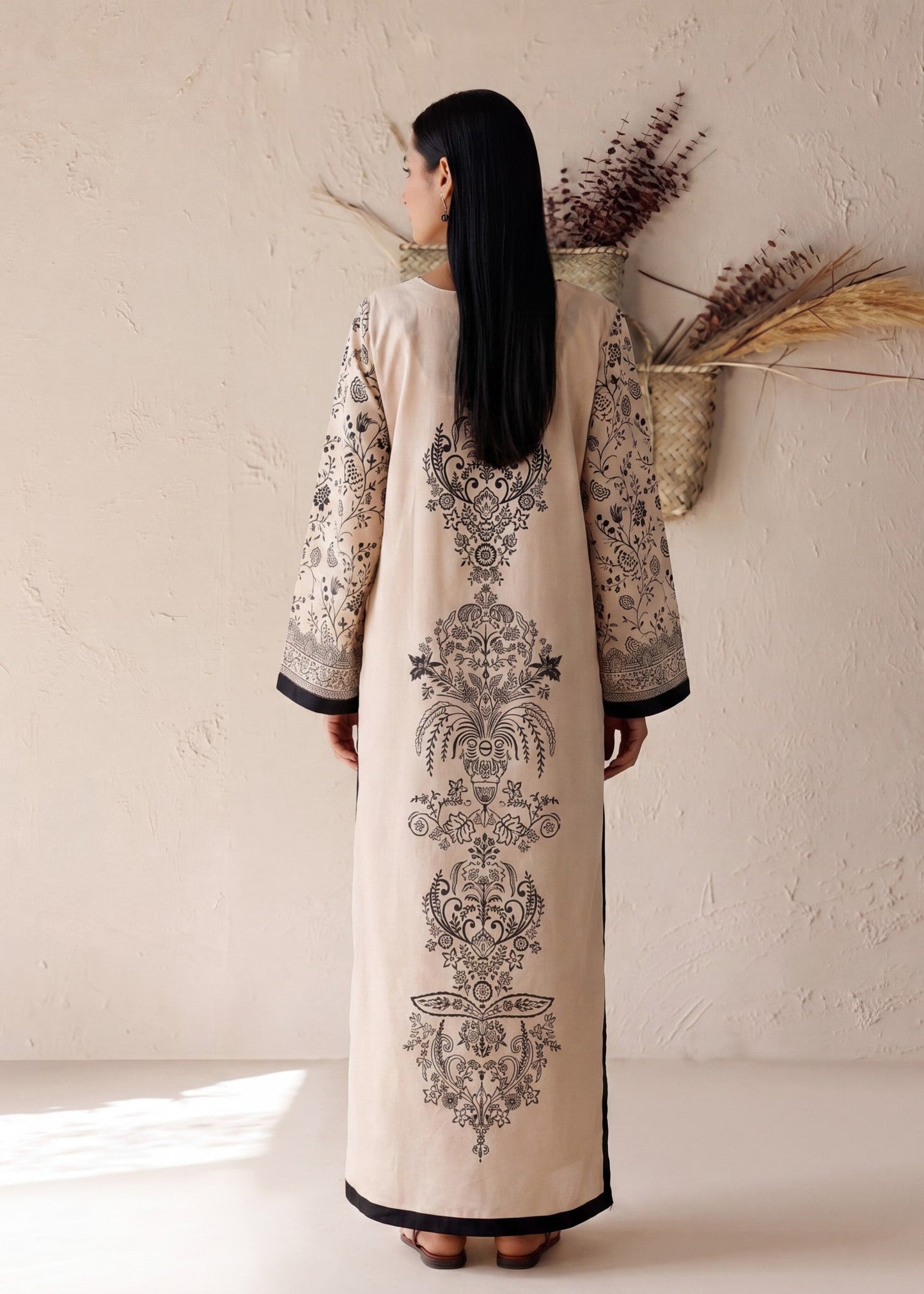 Embellished Beige Lawn Kaftan Online in KSA Riyadh Saudi Arabia Oman Bahrain Qatar