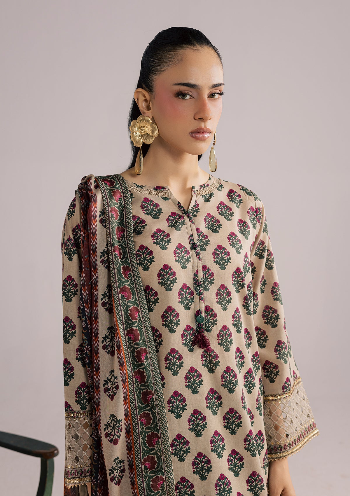 Embellished Beige Lawn Salwar Kameez Online in KSA Riyadh Saudi Arabia Oman Bahrain Qatar