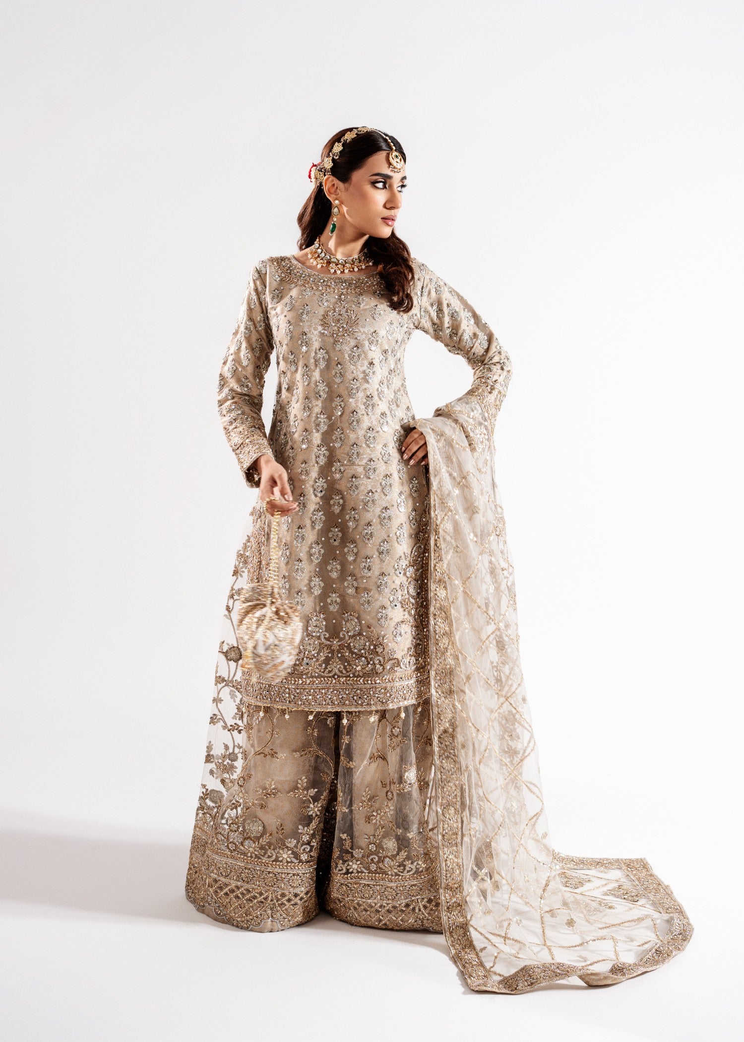 Embellished Beige Net Pakistani Designer Suit Online in KSA Riyadh Saudi Arabia Oman Bahrain Qatar
