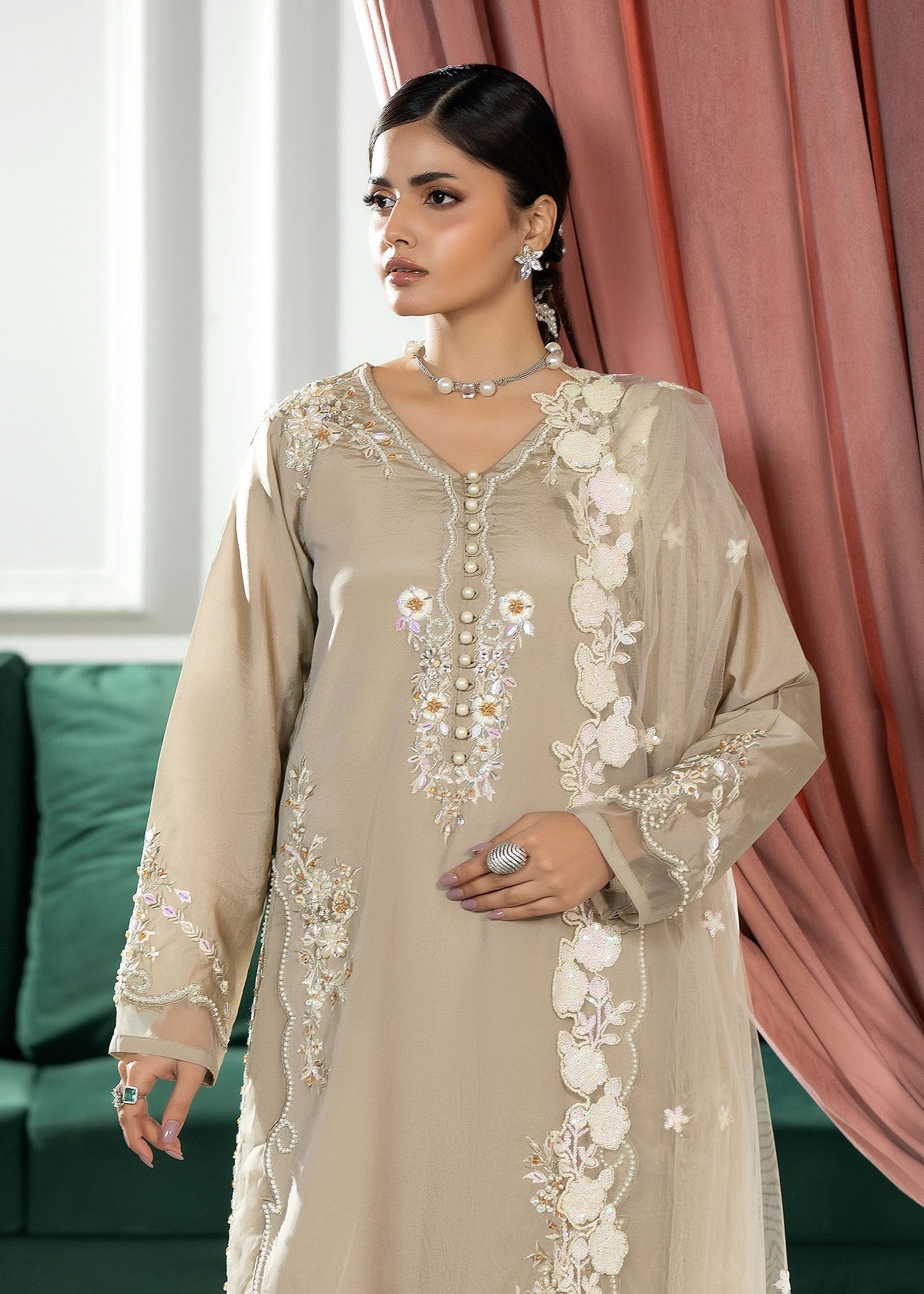 Embellished Beige Silk Net Dupatta Outfit Online in Dubai UAE Abudhabi Ajman Sharjah