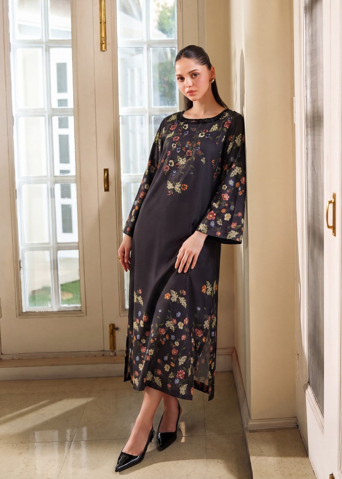 Embellished Black Poly Silk Ladies Kaftan Online in KSA Riyadh Saudi Arabia Oman Bahrain Qatar