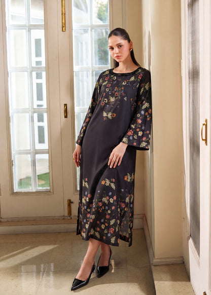 Embellished Black Poly Silk Ladies Kaftan Online in KSA Riyadh Saudi Arabia Oman Bahrain Qatar
