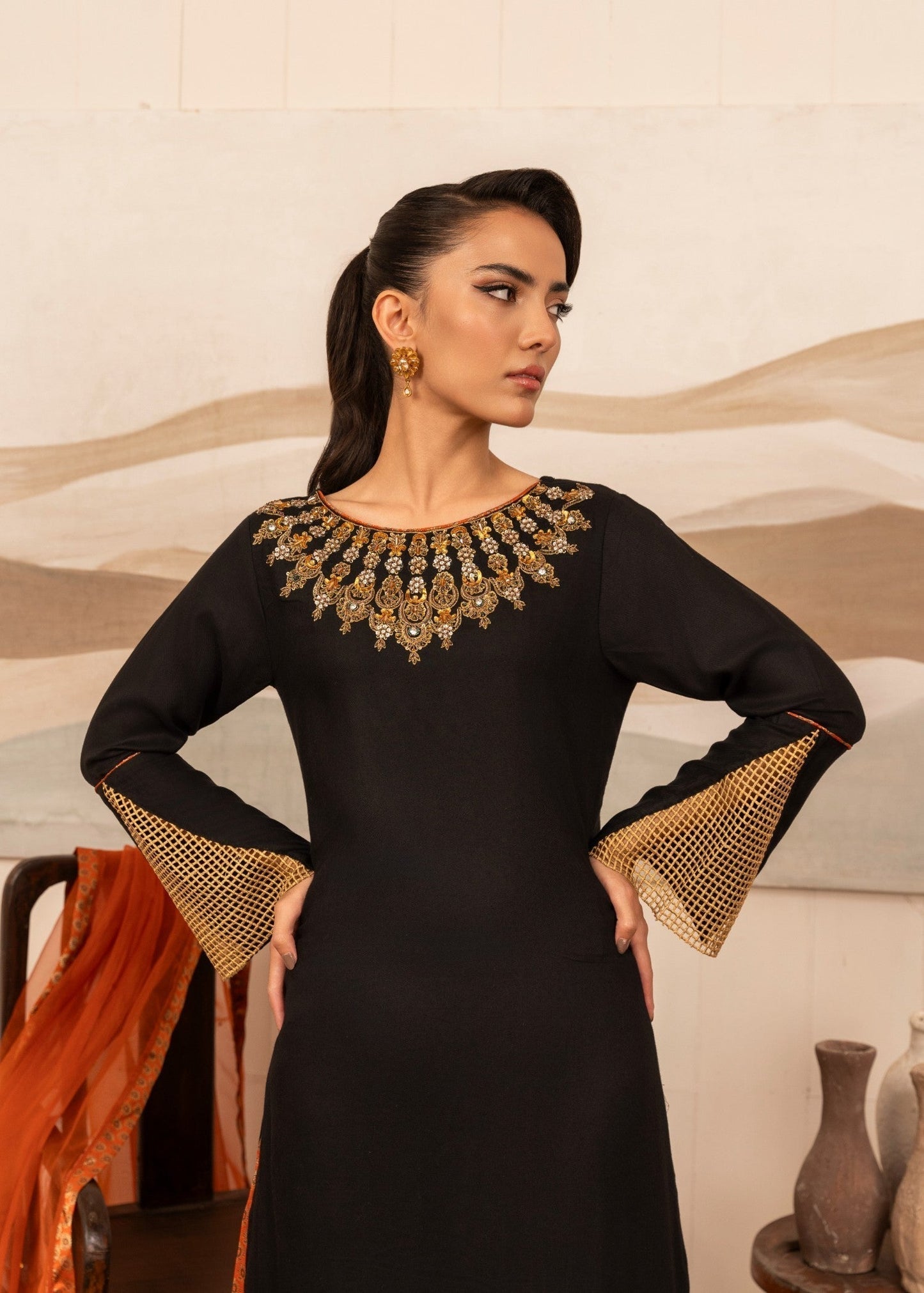 Embellished Black Viscose Thai Silk Partywear Suit Online in Sri Lanka India Australia