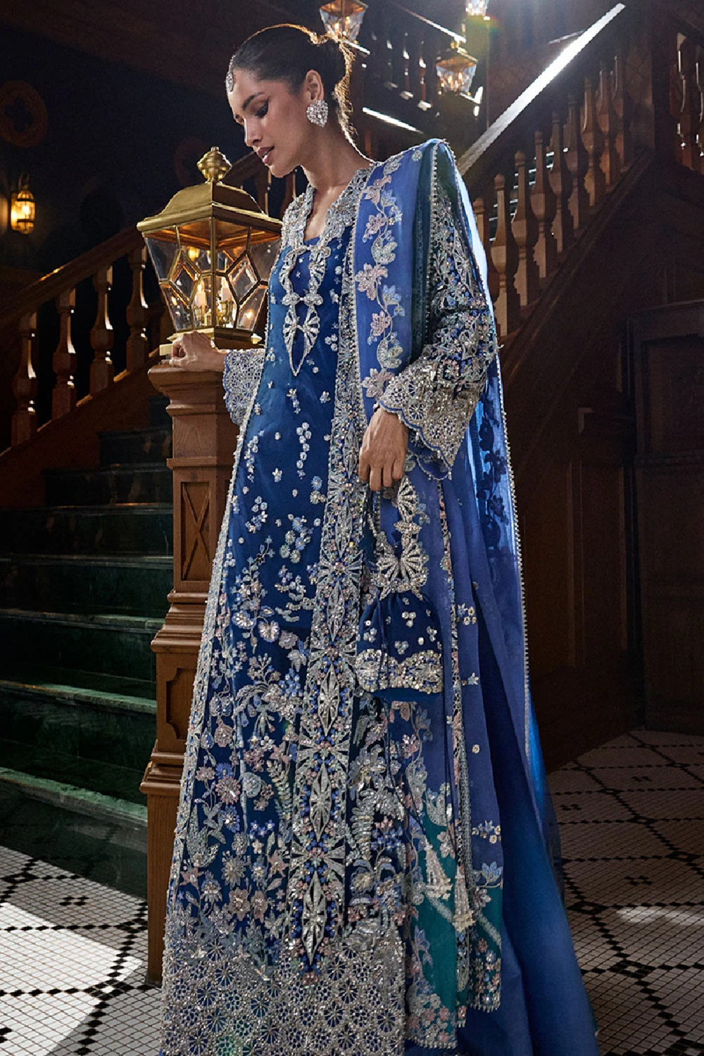 Embellished Blue Net Bridal Salwar Kameez Online in KSA Riyadh Saudi Arabia Oman Bahrain Qatar