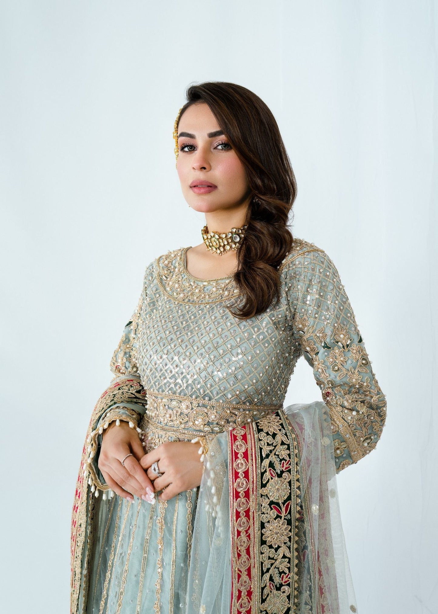 Embellished Blue Net Wedding Guest Suit Online in KSA Riyadh Saudi Arabia Oman Bahrain Qatar