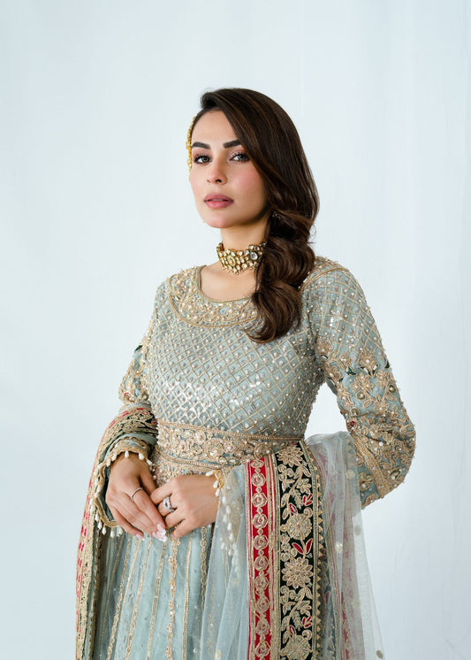 Embellished Blue Net Wedding Guest Suit Online in KSA Riyadh Saudi Arabia Oman Bahrain Qatar