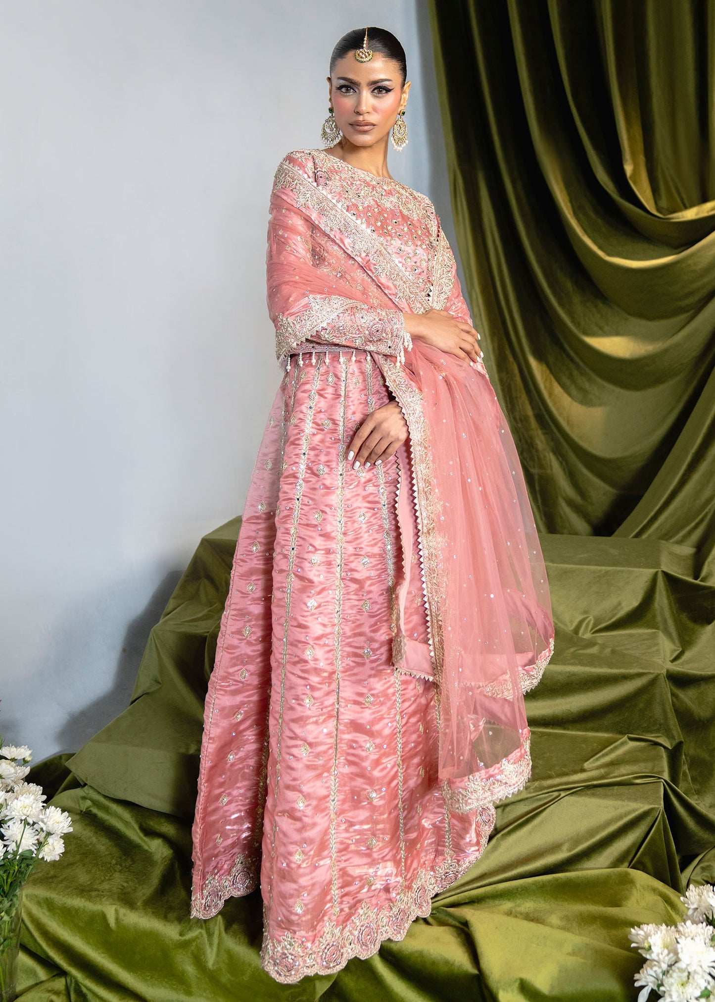 Embellished Blush Pink Charmuse Lehenga Online in Dubai DXB UAE Abudhabi Meena Bazaar