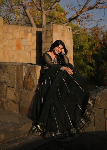 Embellished Bottle Green Chiffon Pishwas and Gharara Set Online in Dubai UAE Abudhabi Ajman Sharjah