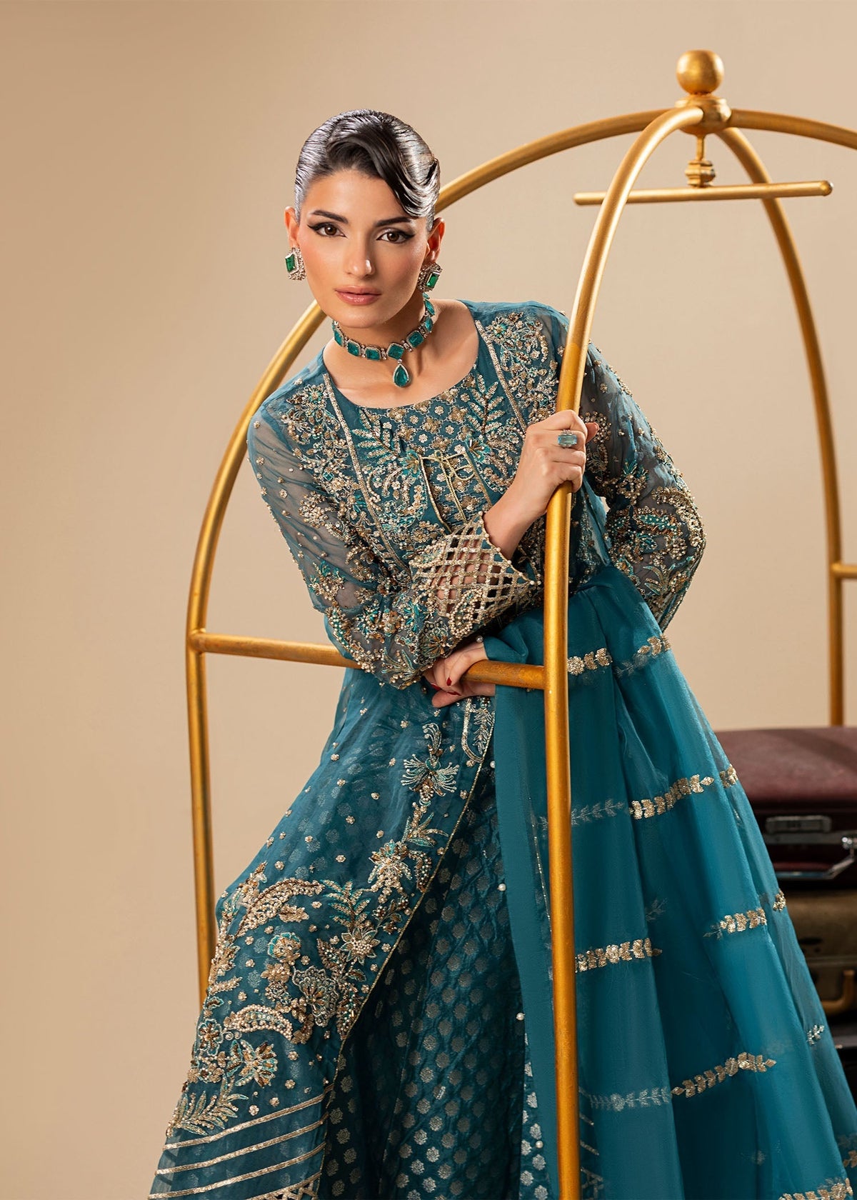 Designer Teal Embellished Organza Pakistani Suit Online in KSA Riyadh Saudi Arabia Oman Bahrain Qatar