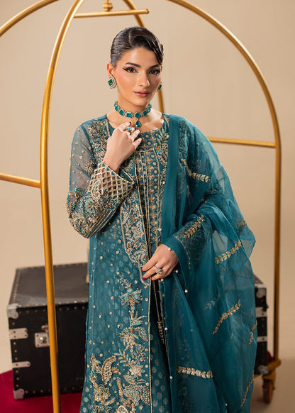 Ladies Teal Embroidered Organza Salwar Kameez Online in UK USA Canada