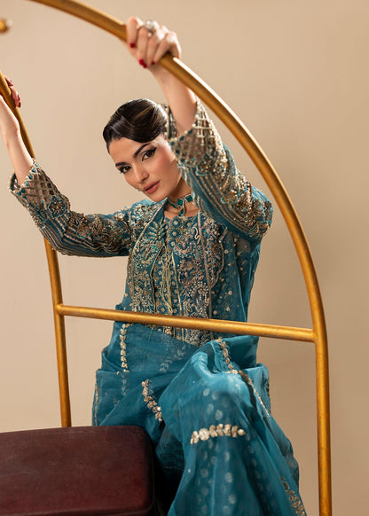 Pakistani Designer Teal Organza Salwar Kameez Online in KSA Riyadh Saudi Arabia Oman Bahrain Qatar