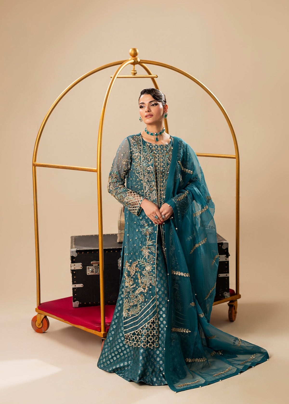 Pakistani Designer Teal Partywear Organza Suit Online in KSA Riyadh Saudi Arabia Oman Bahrain Qatar