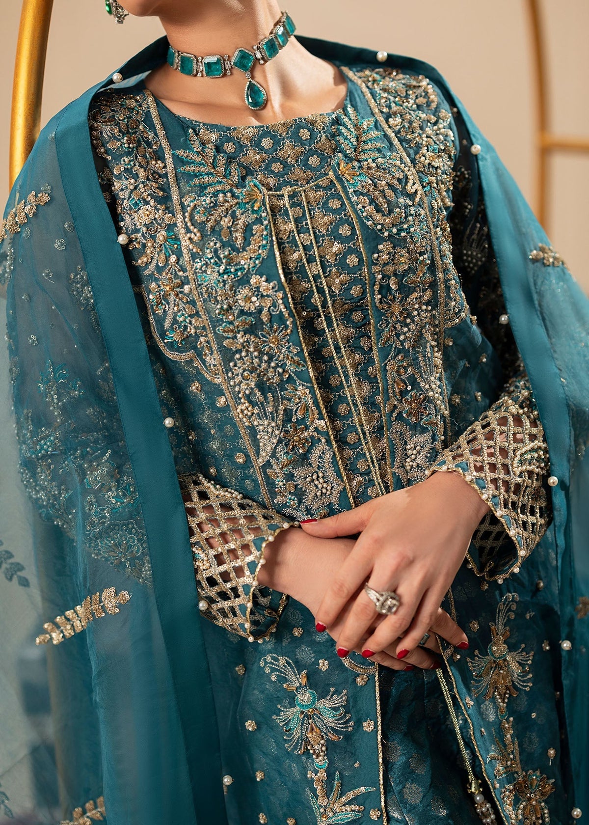Teal Embellished Organza Festive Suit Online in Dubai UAE Abudhabi Ajman Sharjah