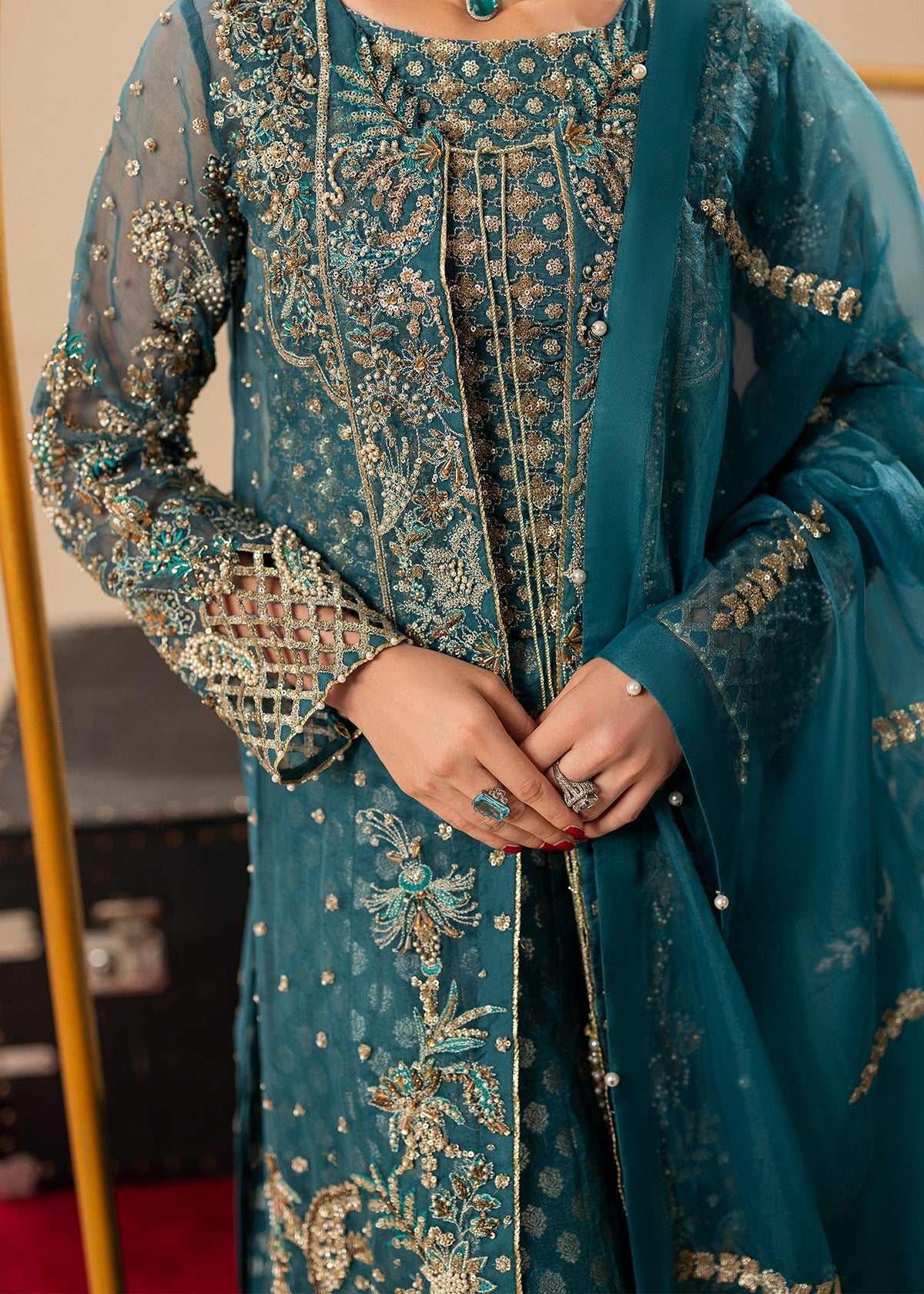 Teal Organza Straight Cut Suit with Dupatta Online in Sri Lanka India Australia