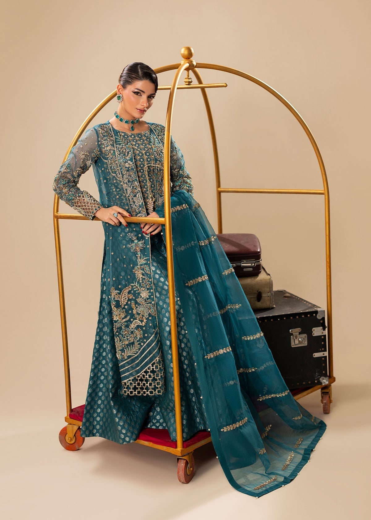 Teal Organza Straight Cut Gown with Dupatta Online in Sri Lanka India Australia