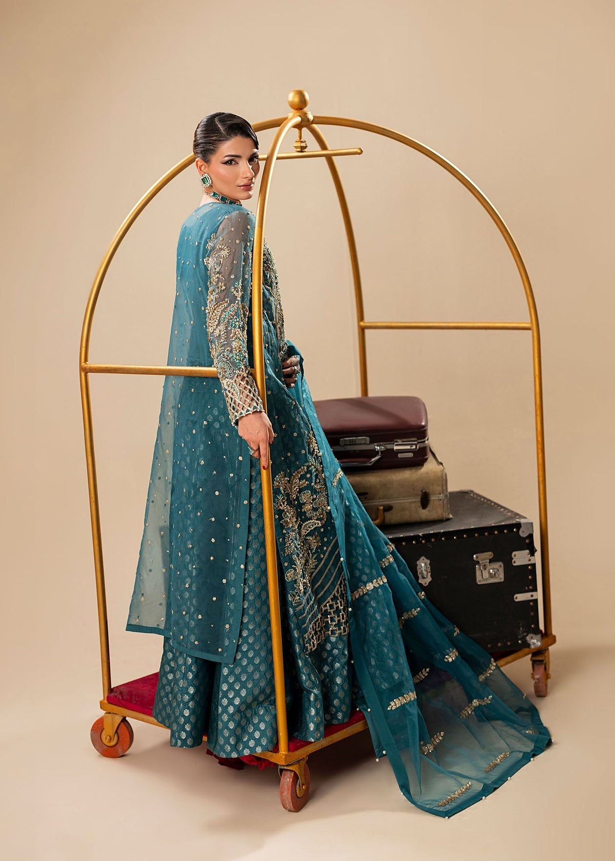 Teal Partywear Organza Salwar Kameez Online in UK USA Canada