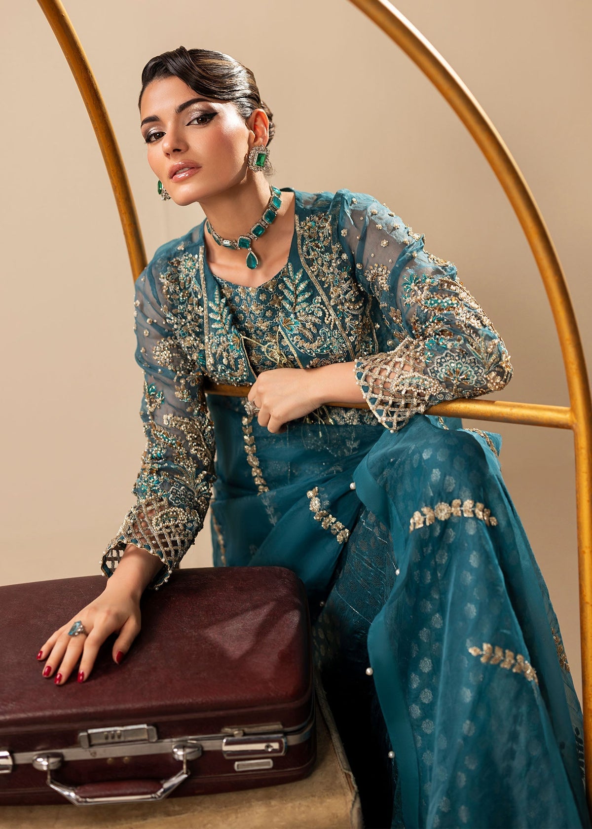 Teal Partywear Embellished Organza Suit Online in Dubai UAE Abudhabi Ajman Sharjah