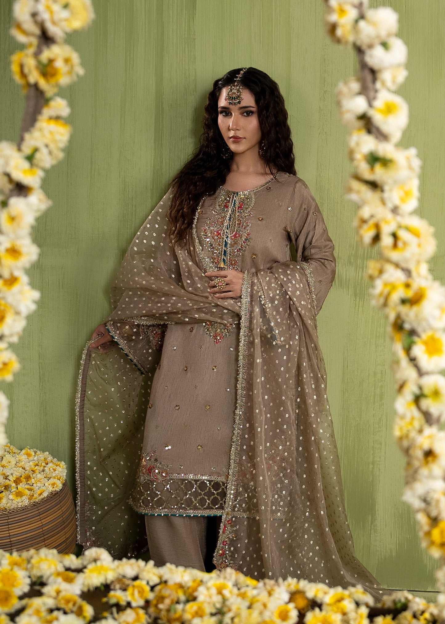 Embellished Brown Organza Dupatta Suit Online in UK USA Canada