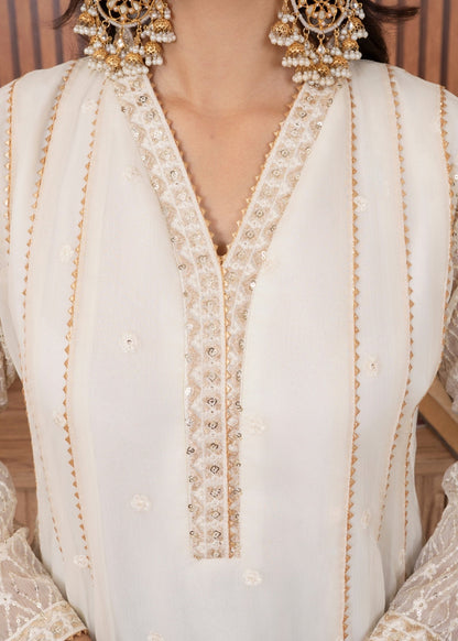 Embellished Chiffon Off White Partywear Suit Online in Dubai UAE Abudhabi Ajman Sharjah