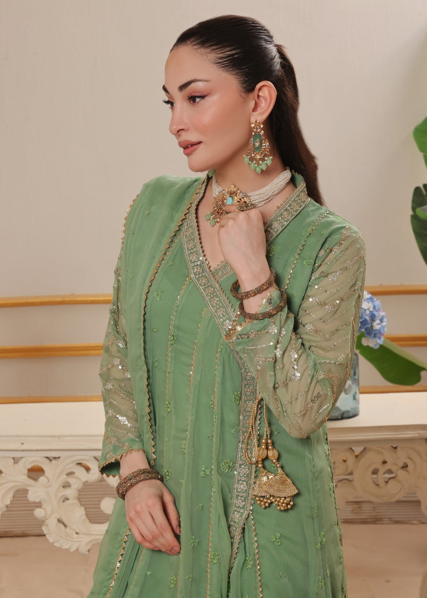 Embellished Chiffon Three Piece Suit Pastel Green Online in Dubai DXB UAE Abudhabi Meena Bazaar