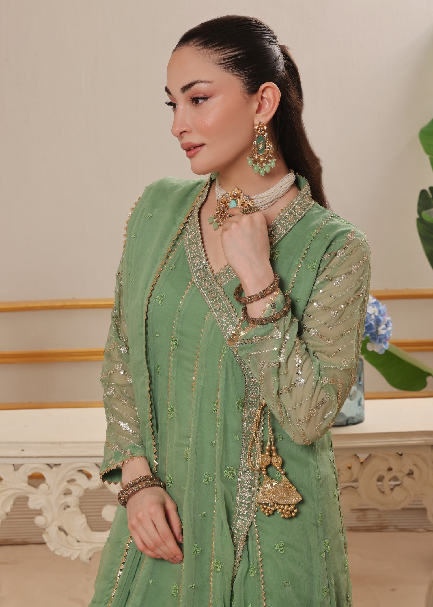 Embellished Chiffon Three Piece Suit Pastel Green Online in Dubai DXB UAE Abudhabi Meena Bazaar