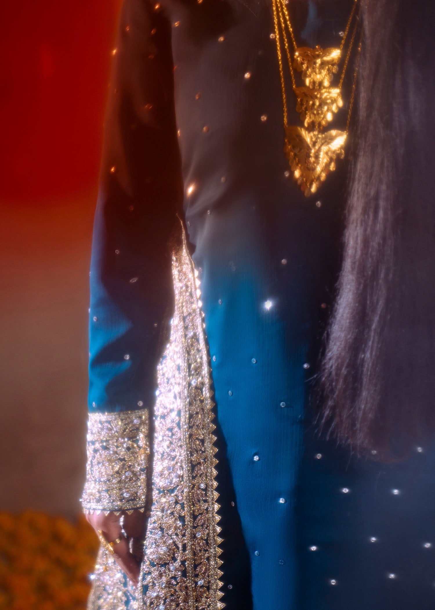 Embellished Cobalt Blue Chiffon Kurta for Women Online in UK USA Canada
