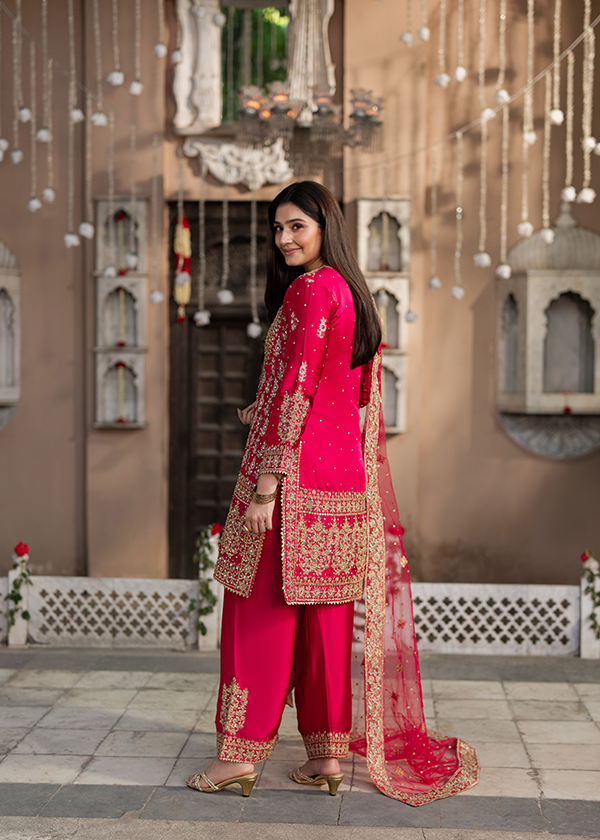 Embellished Deep Pink Charmuse Kurta Suit Online in UK USA Canada