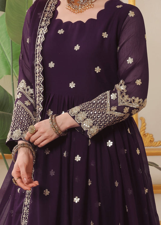 Embellished Egg Plant Chiffon Straight Trouser Suit Online in Dubai DXB UAE Abudhabi Meena Bazaar
