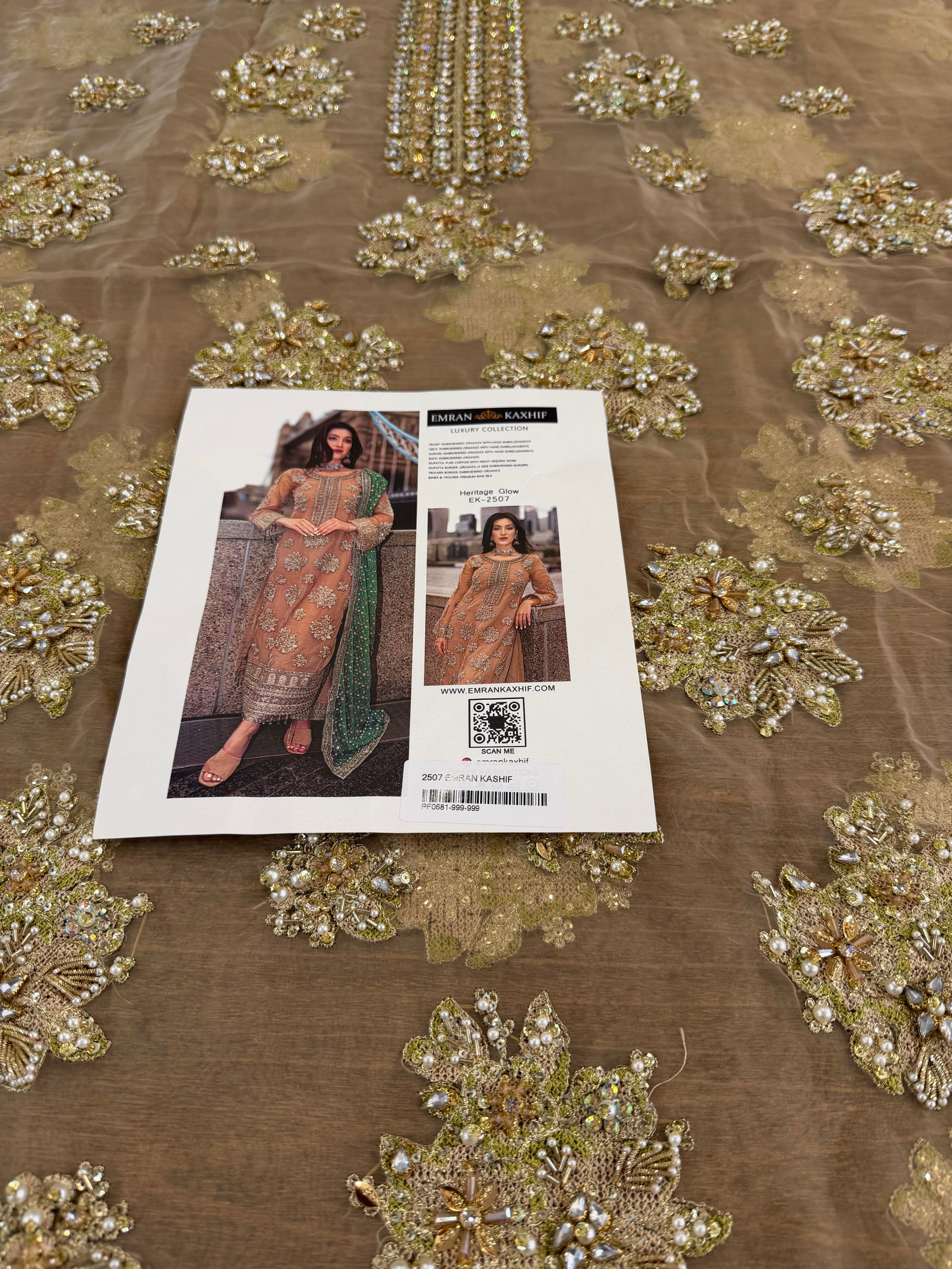 Embellished Golden-Beige Chiffon Designer Suit Online in Dubai DXB UAE Abudhabi Meena Bazaar