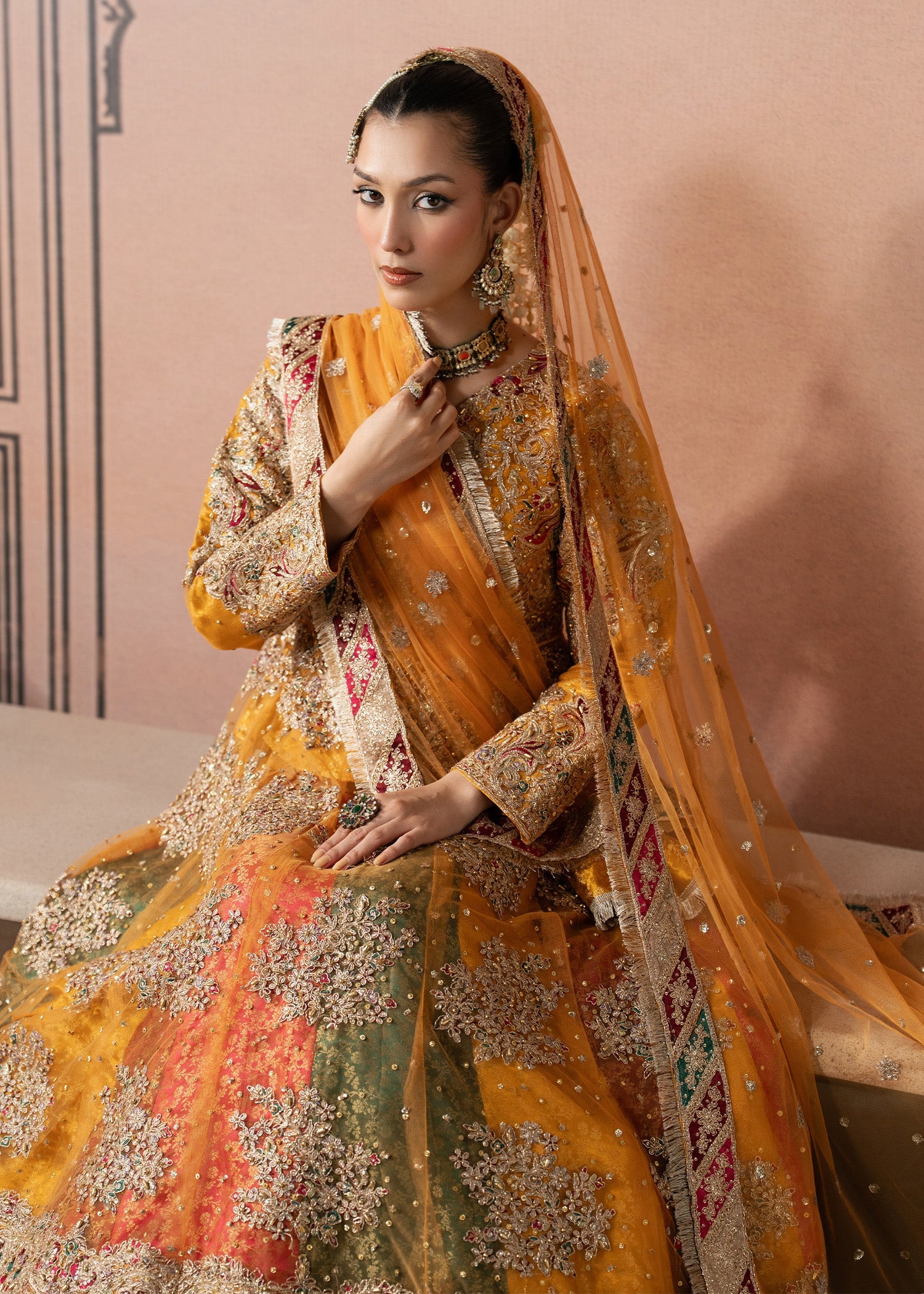 Embellished Golden Net Wedding Guest Wear Suit Online in KSA Riyadh Saudi Arabia Oman Bahrain Qatar